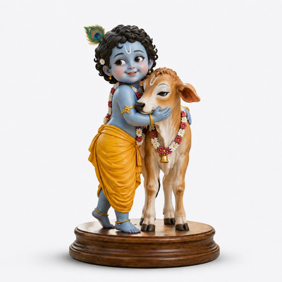 Bal Krishna With Cow | Premium 3D Figure | Wooden Base Collectible